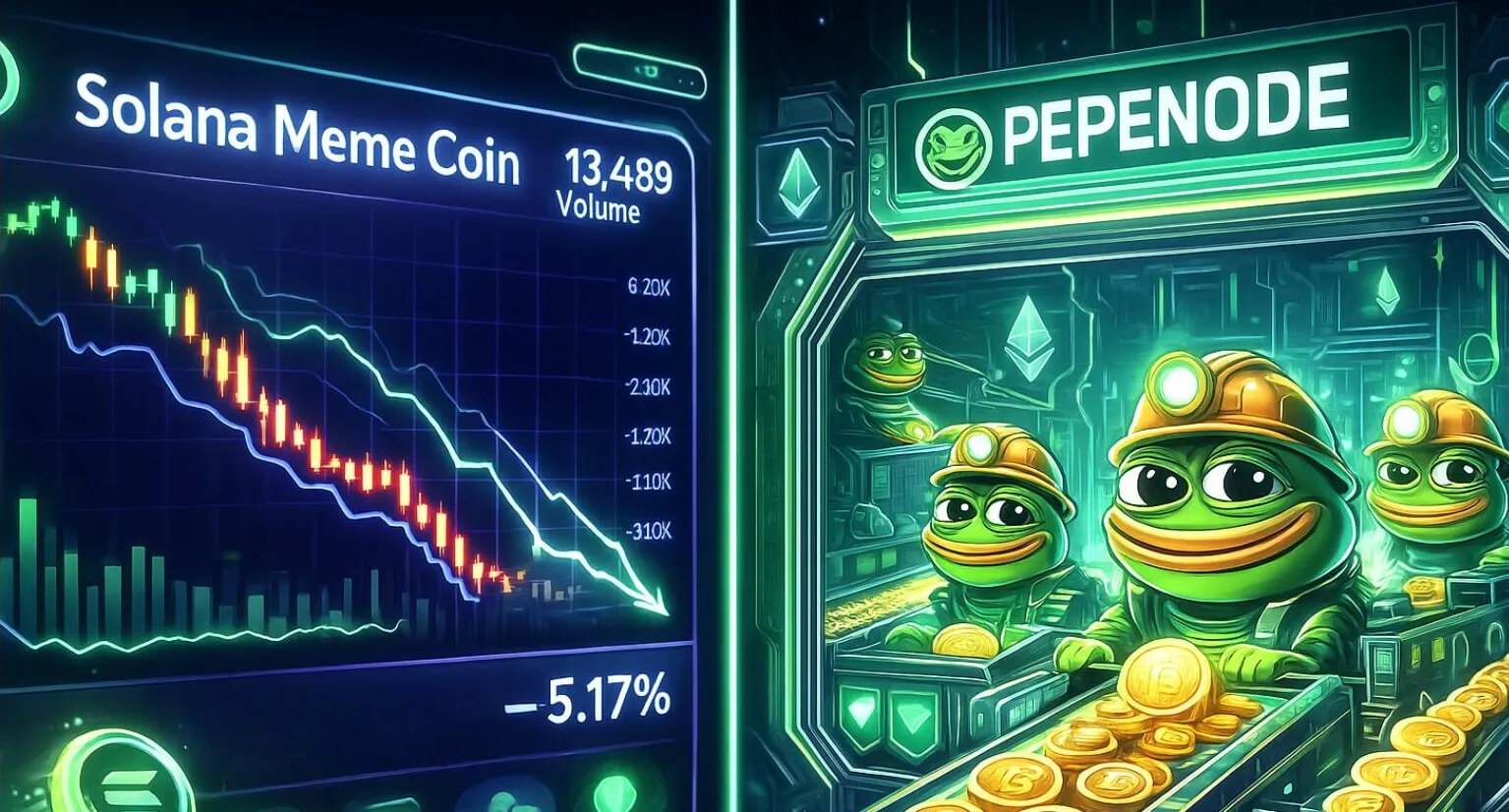 Solana Meme Coin Volume Plummets As Pepenode Presale Begins