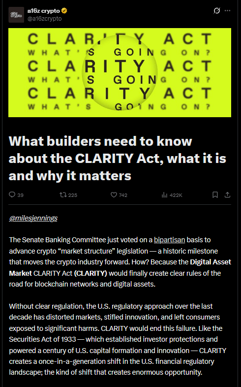 CLARITY Act Could Enhance Tech Growth in America, a16z Suggests